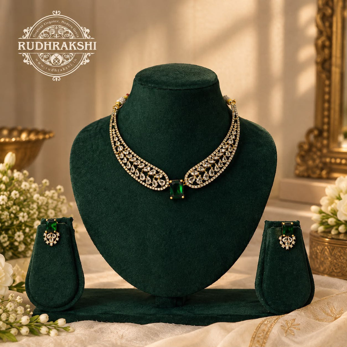 Elegant Green Stone Necklace & Earrings Set - BM:01